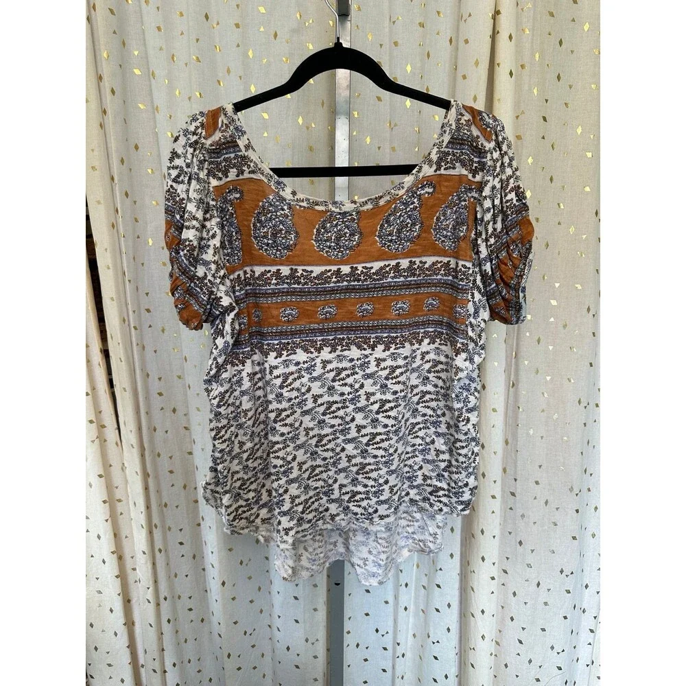 Free People Paisley Puff Sleeve Swing Boxy High Lo Frayed Hem Blouse Top S